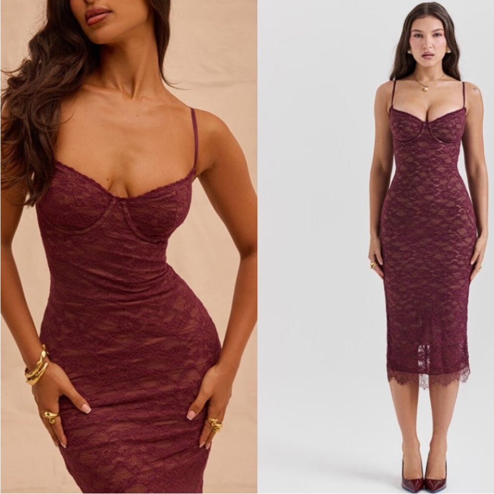 HOUSE OF CB 'Melina' Mulberry Lace Midi Dress NWOT size M A-C